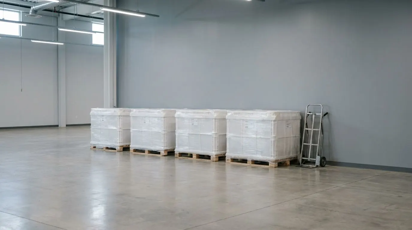 Several plain wrapped crates of matching size standing in a row on low pallets, with a folded hand truck leaning beside them.