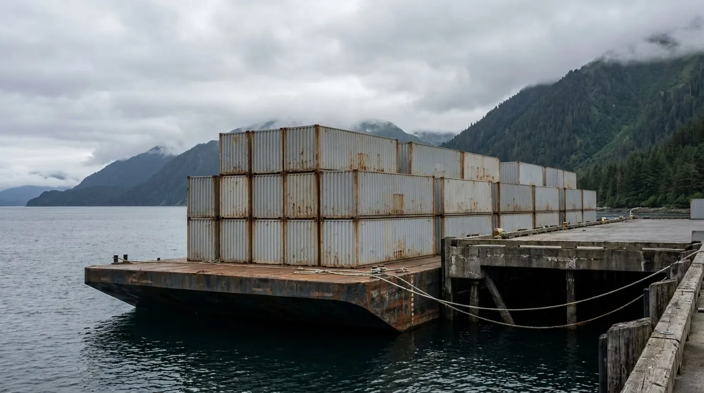 A cargo barge loaded with stacked shipping containers tied up at a working Alaskan dock, with forested mountains rising behind low cloud.