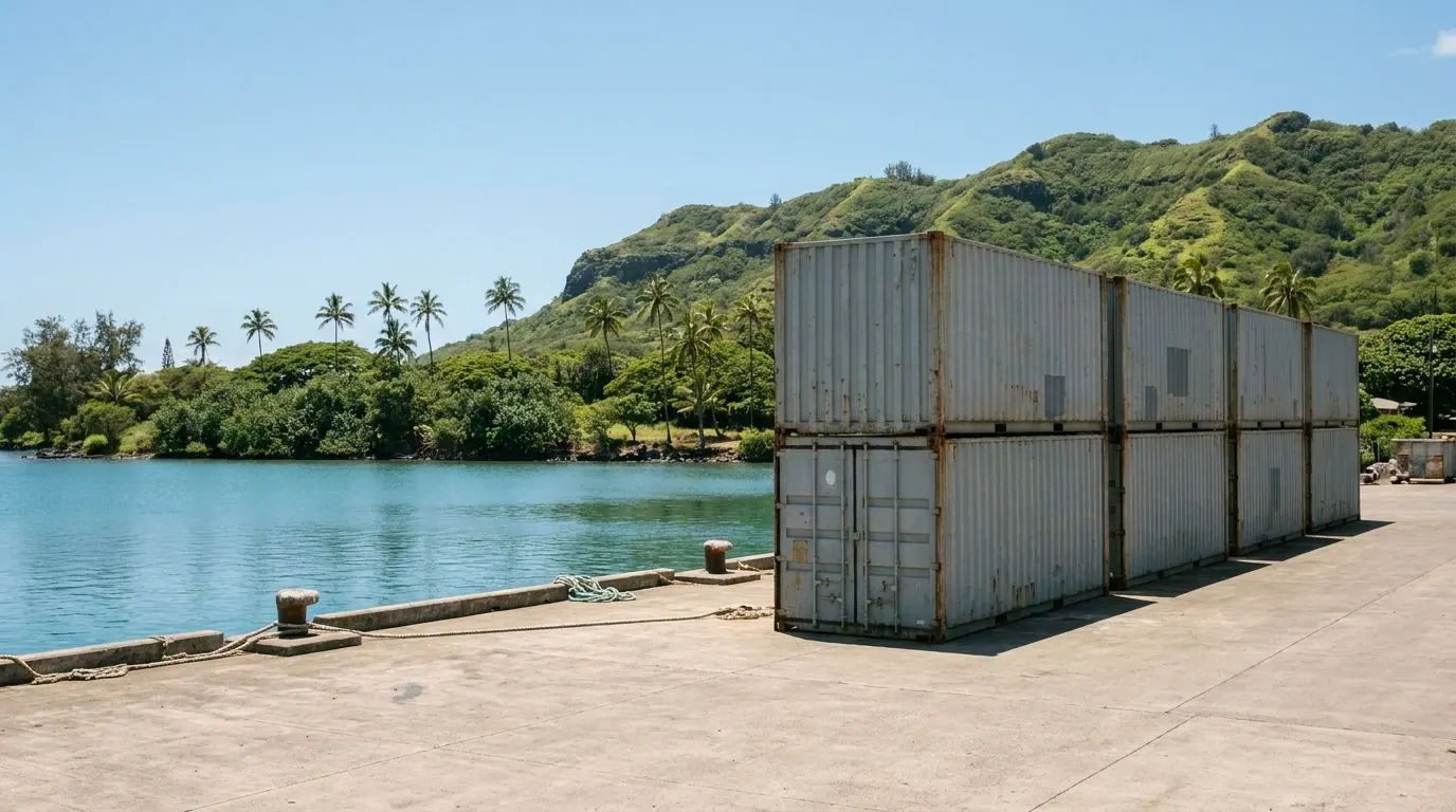 Shipping containers stacked on a sunlit island harbour quay with a green volcanic ridge and palm trees in the distance.