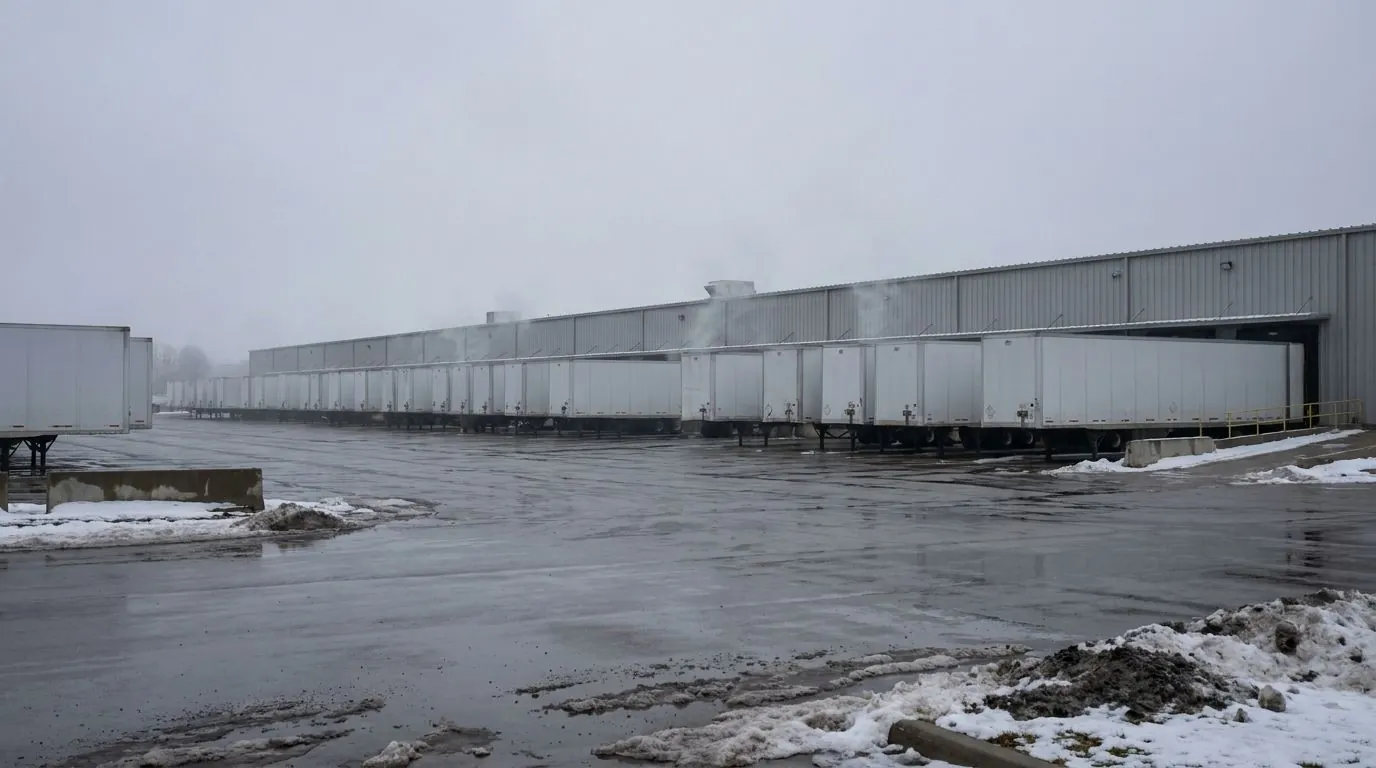 Rows of unmarked freight trailers backed into the loading bays of a large distribution terminal on a cold overcast morning.
