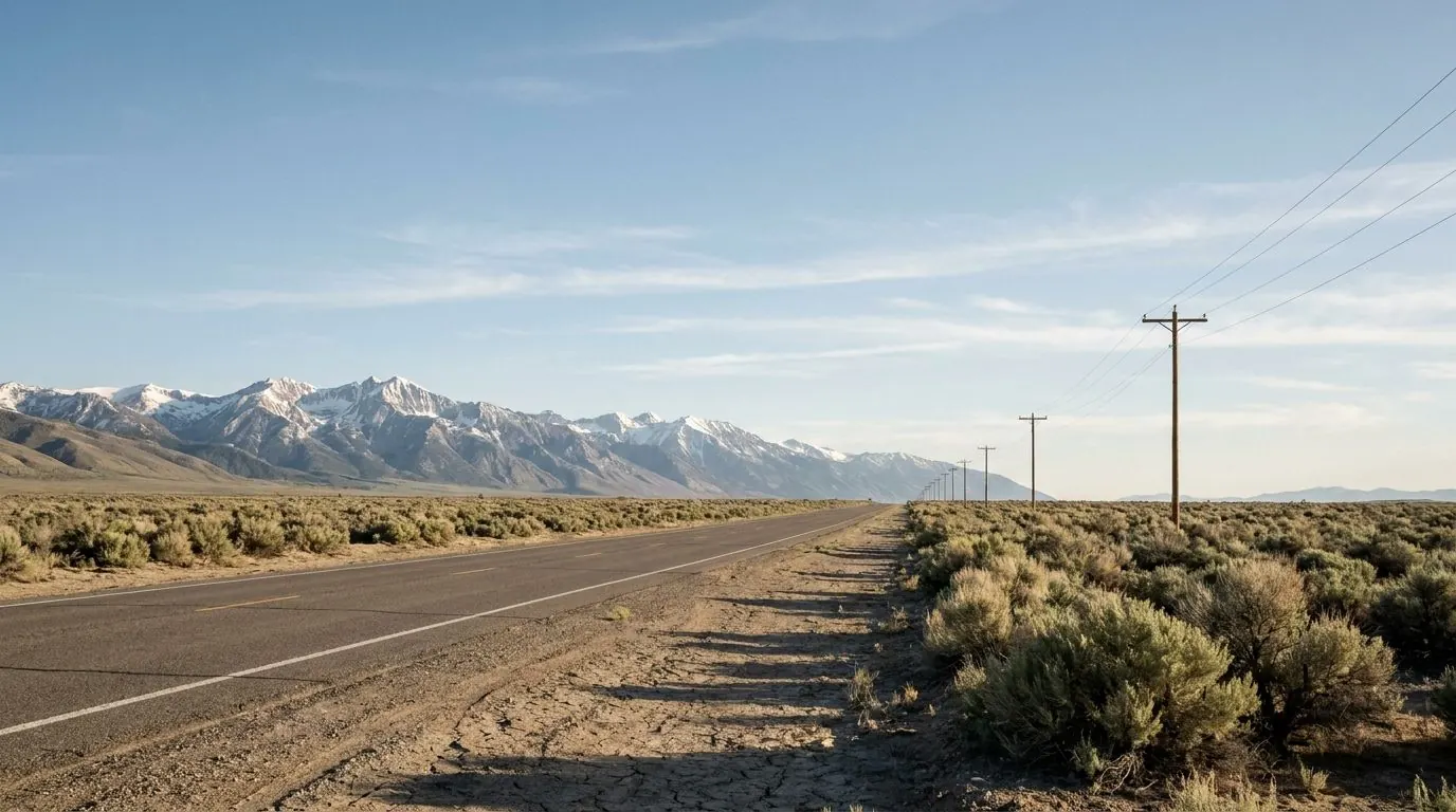 A straight two-lane road running through open high-desert country toward distant snow-dusted mountains under a wide sky.