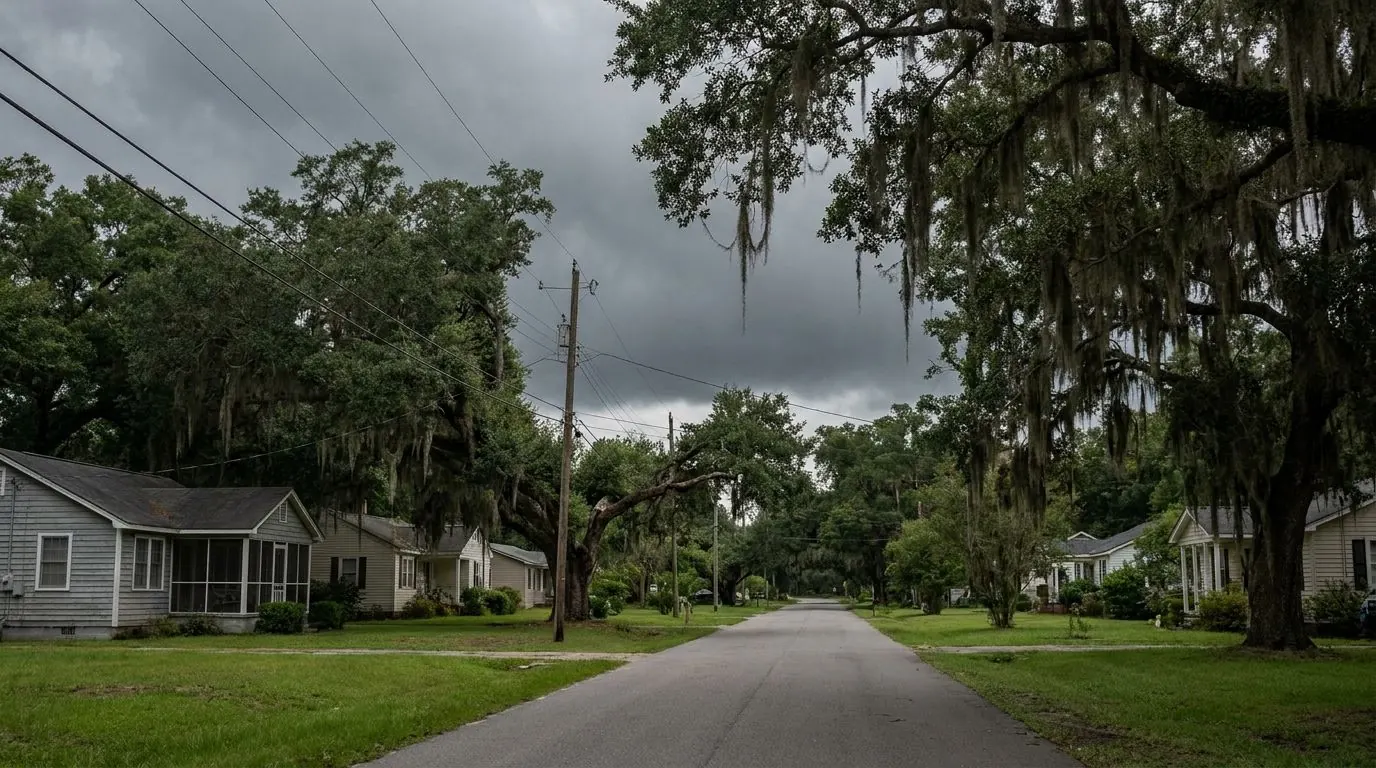A quiet residential street lined with broad live oaks draped in Spanish moss, under a heavy grey pre-storm sky.