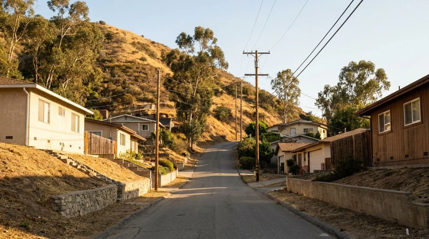 A narrow residential street climbing a dry golden hillside, with overhead power lines and low houses stepped up the slope.