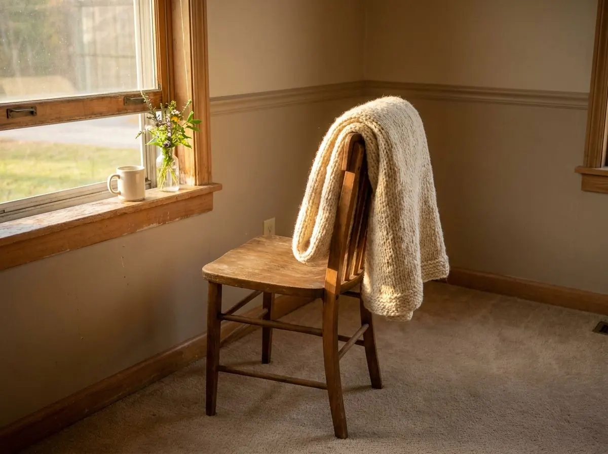 A hand-knitted blanket folded over the back of a chair beside a sunlit window, with a mug resting on the sill.