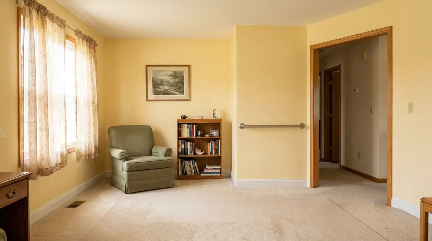 A warmly decorated ground-floor room with furniture pushed back to leave a wide clear area of carpet, a grab rail on the wall beside an open doorway.