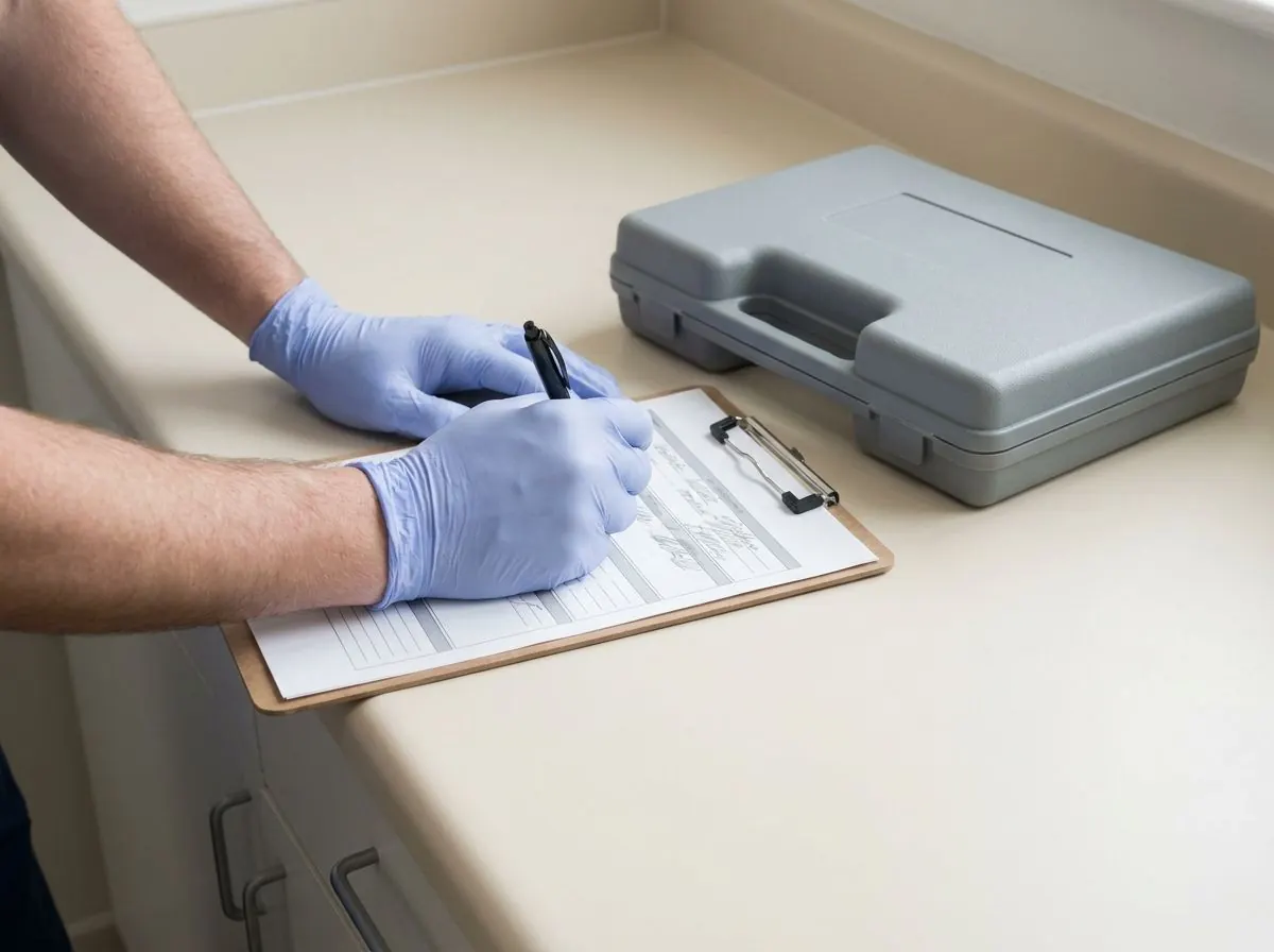 Gloved hands writing on a clipboard form beside a closed supply case on a clean worktop.