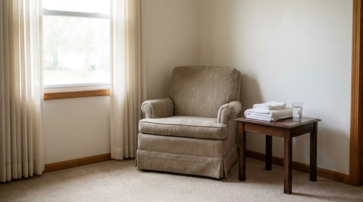 An empty armchair beside a bright window in a quiet room, with a folded stack of clean linens on a side table.