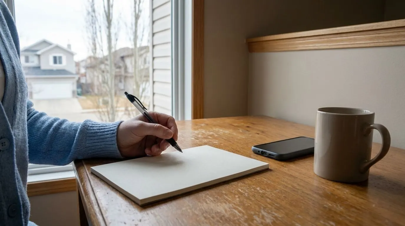 A hand holding a pen over a blank notepad, beside a face-down phone and a coffee mug on an office desk.