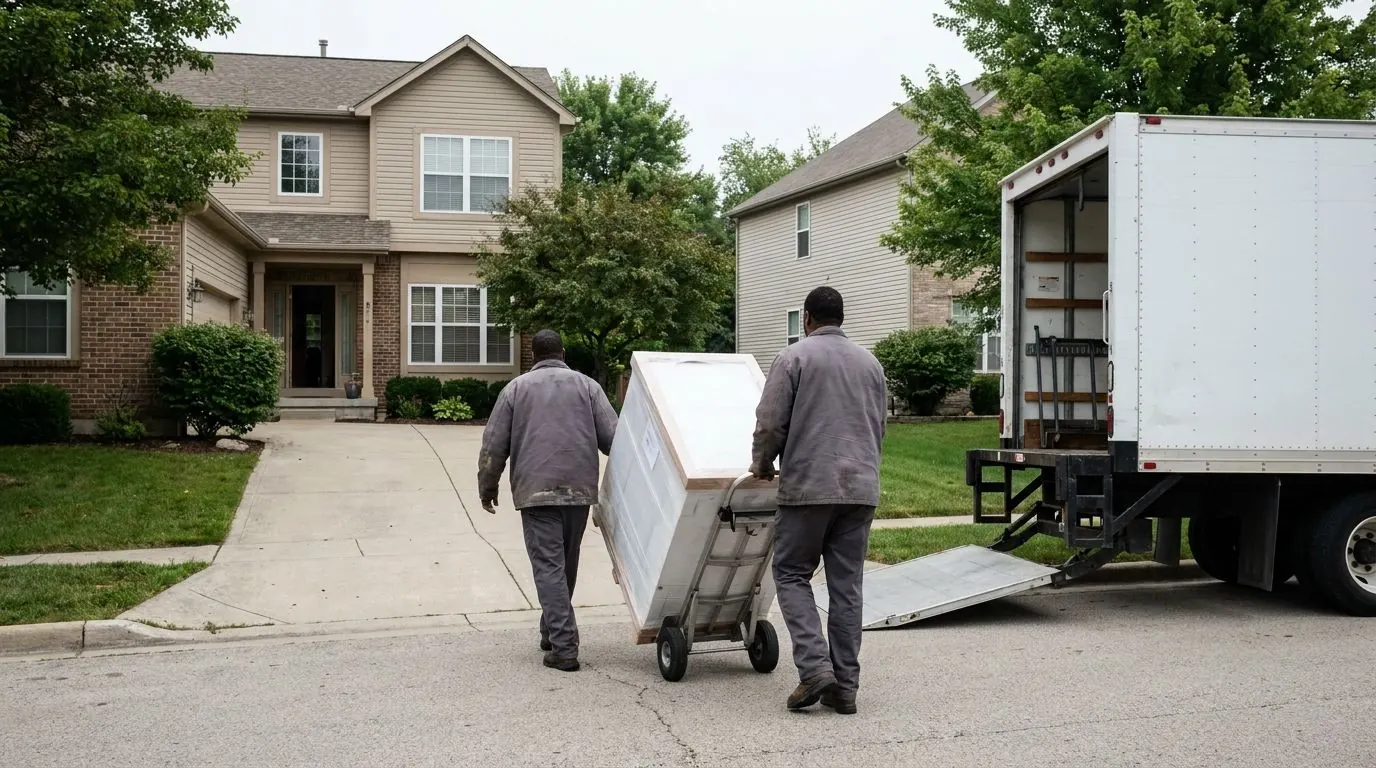 Two delivery workers seen from behind wheel a large plain wrapped crate on a hand truck up a residential driveway toward an open front door.