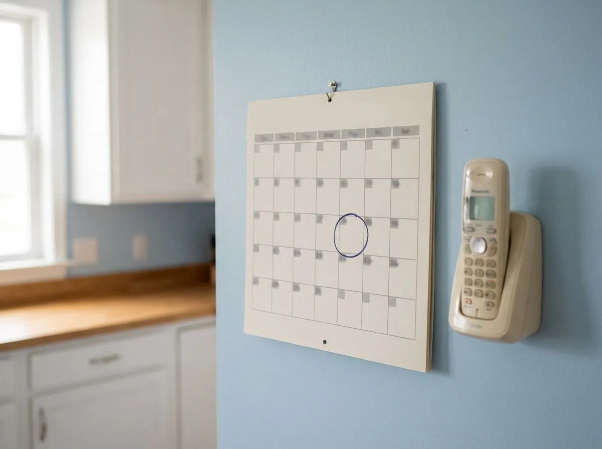 A plain wall calendar with one date circled in pen, hanging beside a cordless phone on a kitchen wall.