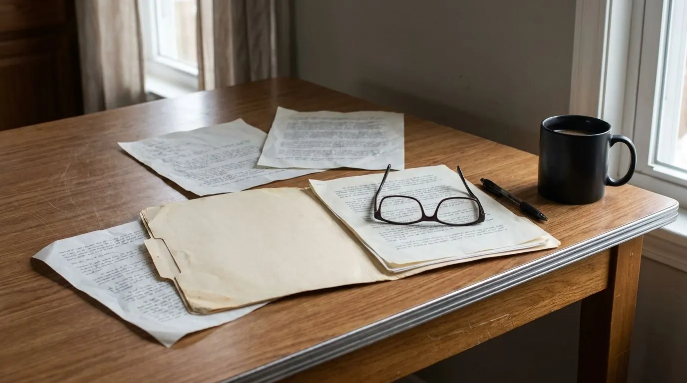 An open folder of printed documents spread across a kitchen table beside reading glasses and a pen.