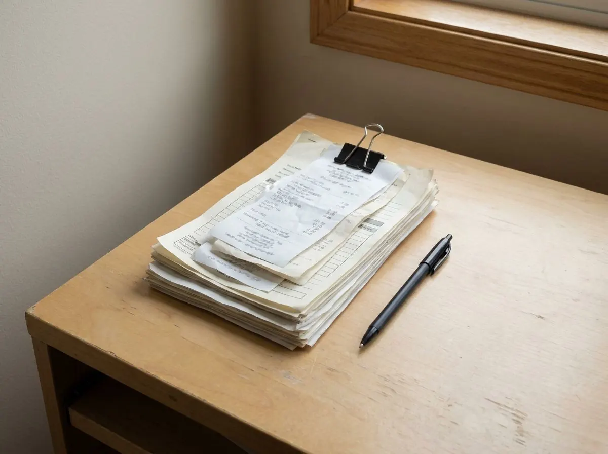 A small stack of printed receipts and forms held together with a bulldog clip on a plain desk.