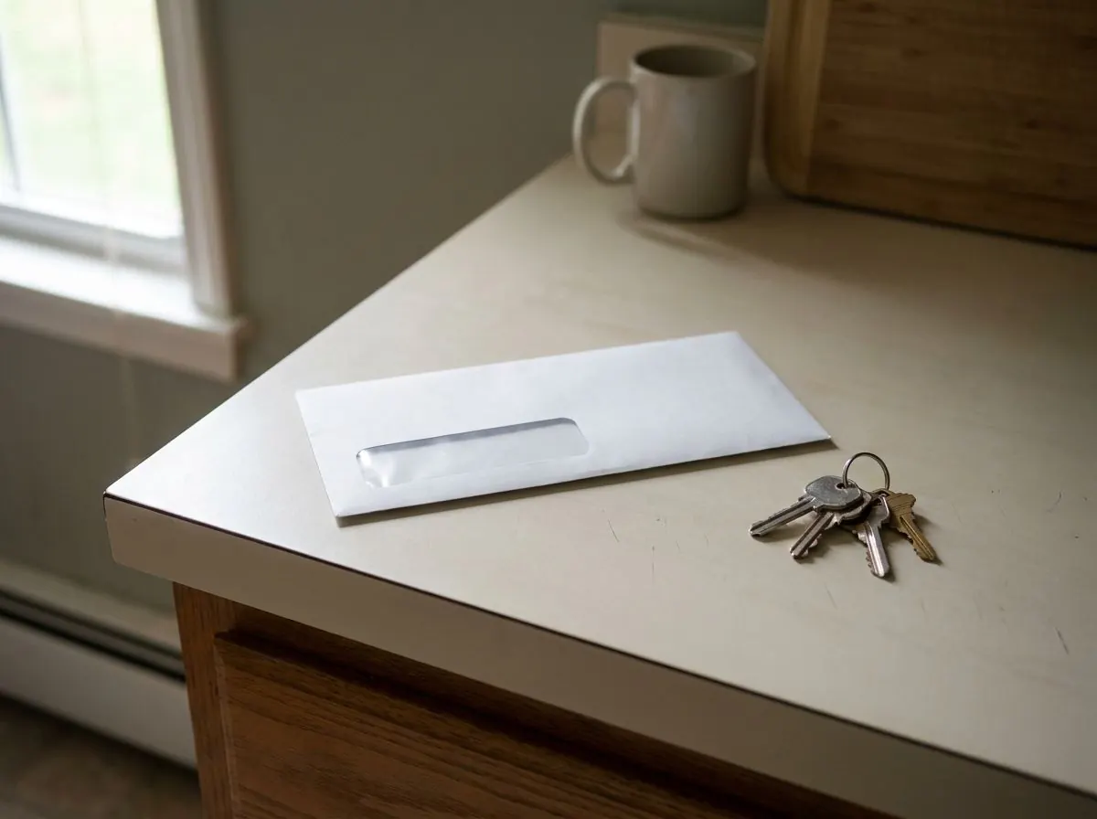 A single unopened white envelope resting on a kitchen counter beside a set of house keys.
