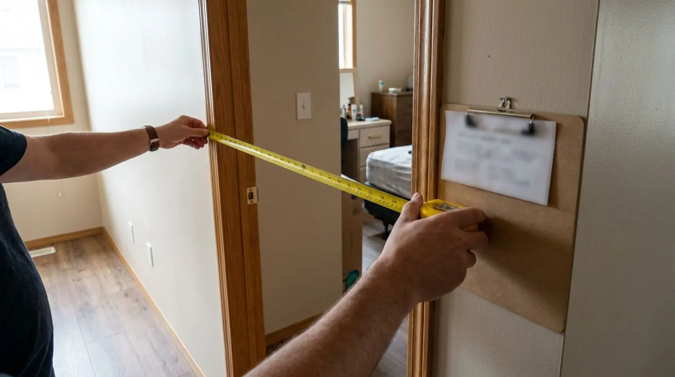Hands holding a tape measure across a bedroom doorway, with a clipboard of notes held against the frame.
