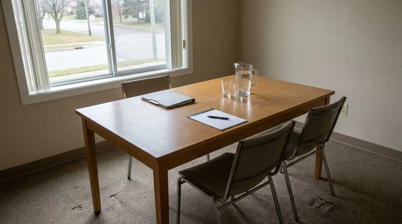 An empty meeting table with two chairs, a closed folder and a notepad set out ready for a discussion.
