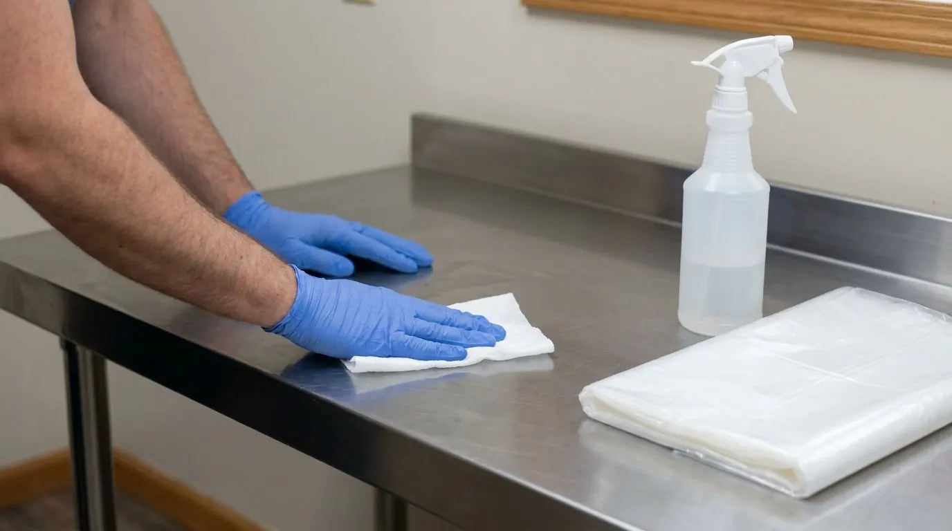 Hands in blue nitrile gloves wiping down a stainless steel preparation bench with a disposable cloth, with folded packaging and a spray bottle beside them.