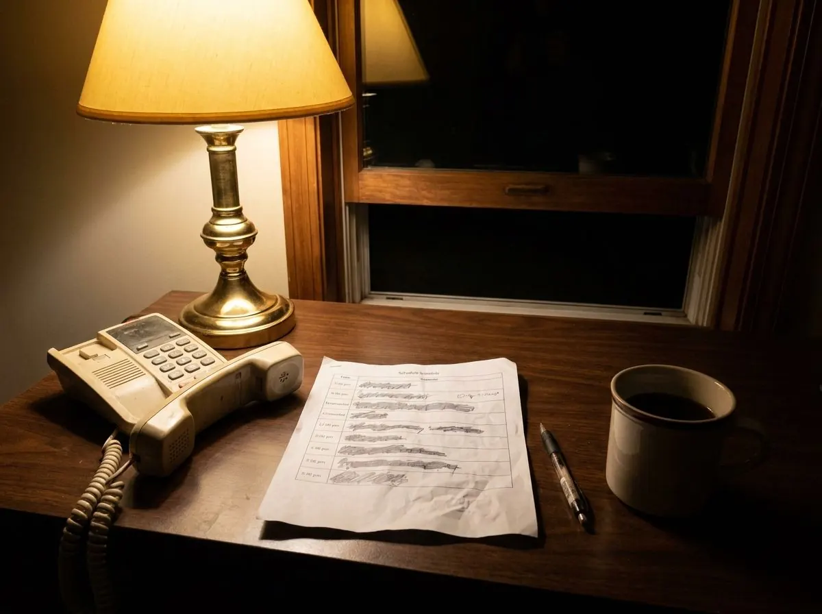 A desk at night lit by a lamp, with a landline handset lifted off its cradle, a printed schedule covered in handwriting and a cooling mug of coffee.