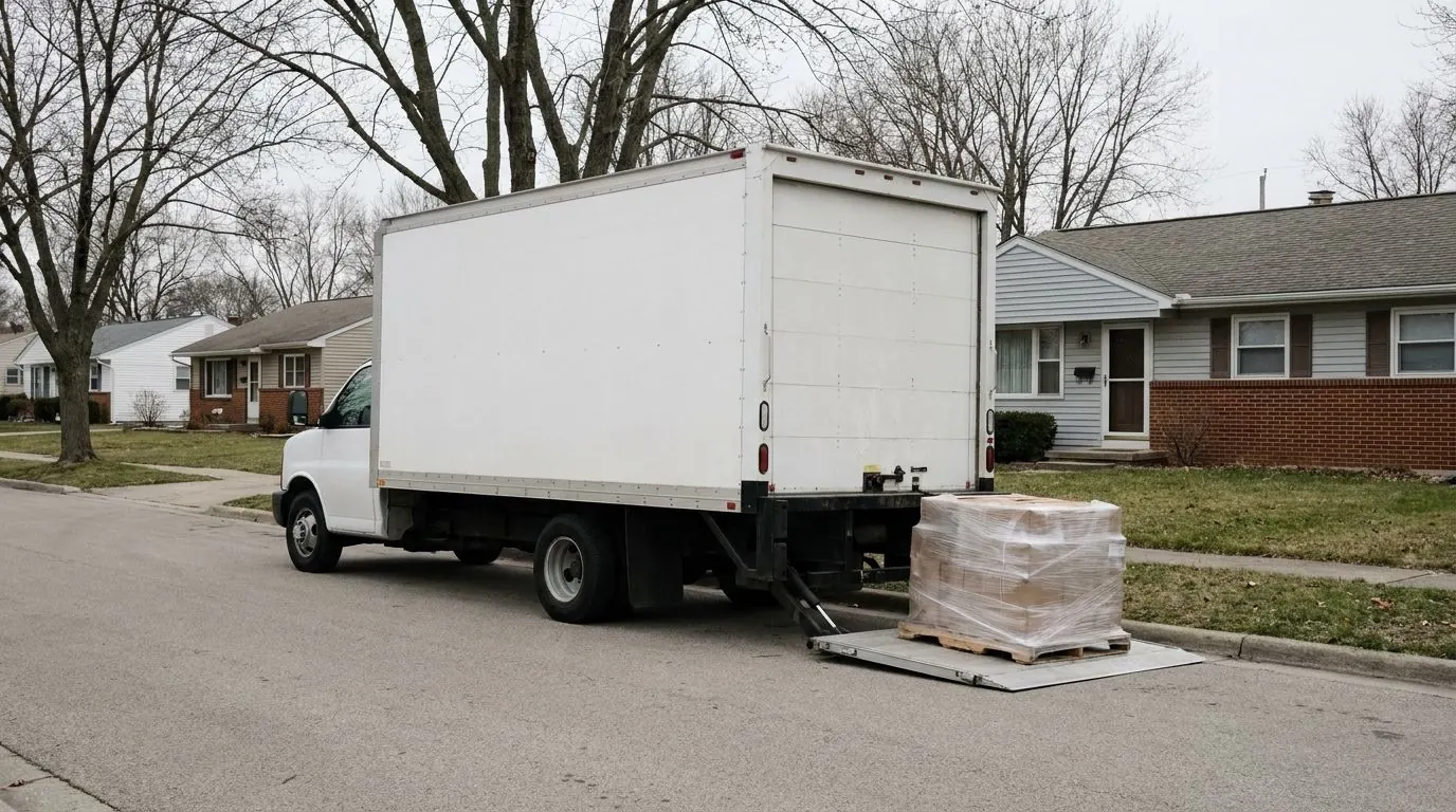 An unmarked white box truck parked at a residential curb with its liftgate lowered to the road and a wrapped pallet standing on the platform.