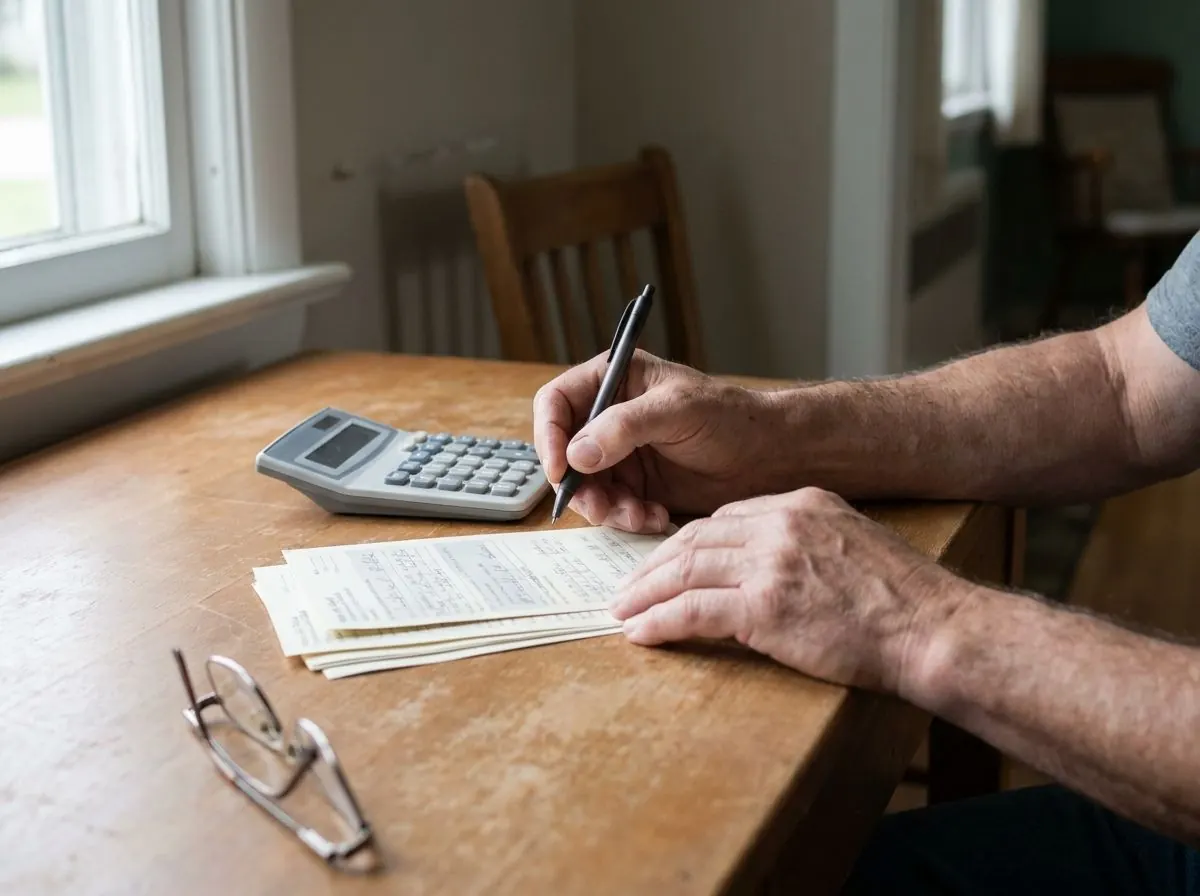 Hands resting beside a small stack of printed forms and a calculator on a plain desk, with a pen held ready over the top page.